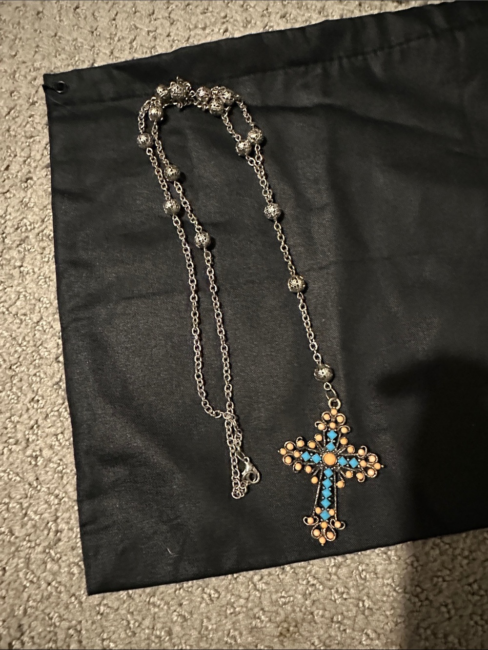 Turquoise and Peach Cross Pendant Necklace